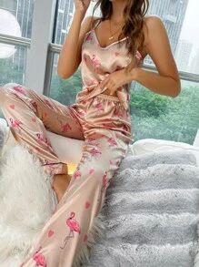 Satin Flamingo & Heart Print Cami Top & Trousers PJ Set - Baby Pink - View 1