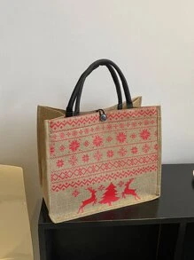 Christmas Elk Pattern Square Bag Christmas reindeer,Christmas tree pattern Best Christmas Gift,for teachers,for women, girlfriends & families - Khaki - View 1