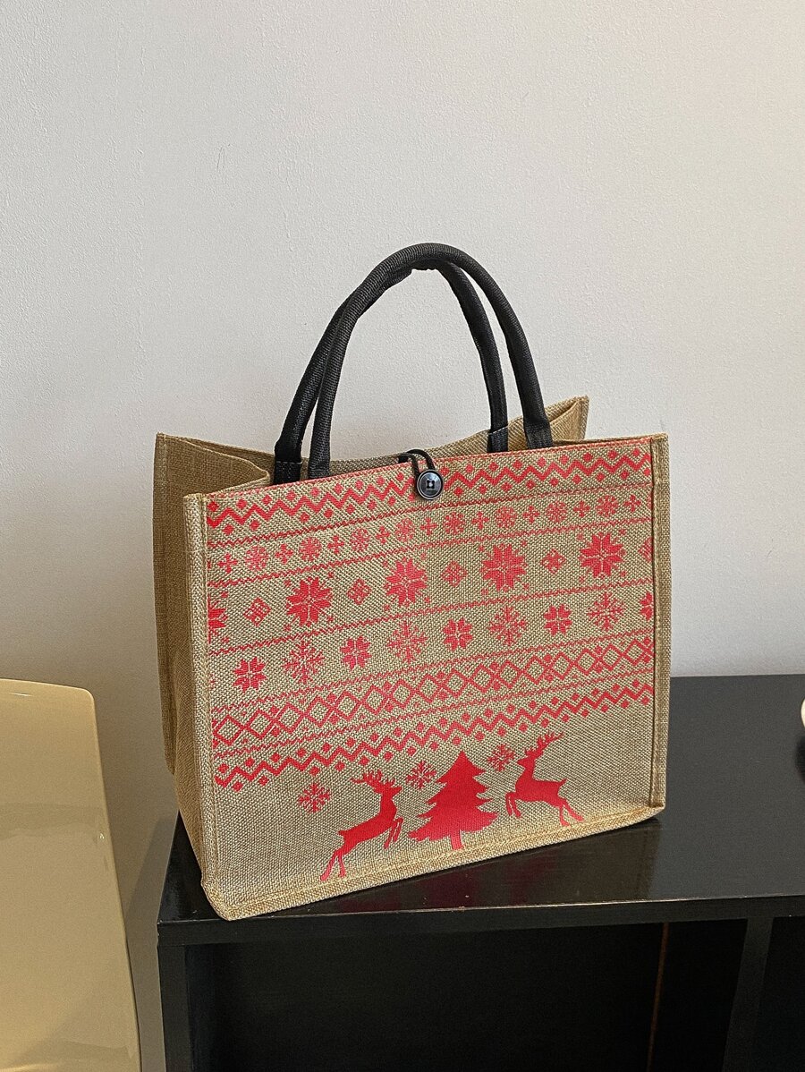 Christmas Elk Pattern Square Bag Christmas reindeer,Christmas tree pattern Best Christmas Gift,for teachers,for women, girlfriends & families - Khaki - View 1