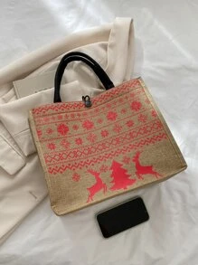 Christmas Elk Pattern Square Bag Christmas reindeer,Christmas tree pattern Best Christmas Gift,for teachers,for women, girlfriends & families - Khaki - View 5