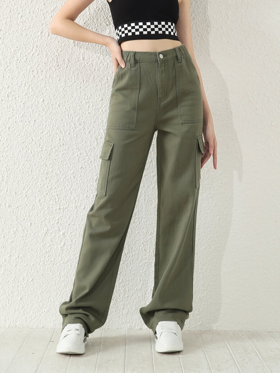 SHEIN 青少年女孩翻蓋口袋工裝牛仔褲