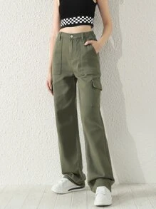 SHEIN 青少年女孩翻蓋口袋工裝牛仔褲