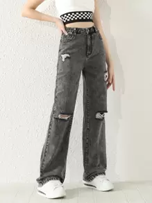 SHEIN Explorewe Chicas adolescentes Jeans de pierna recta desgarro - Gris Oscuro - Ver 1