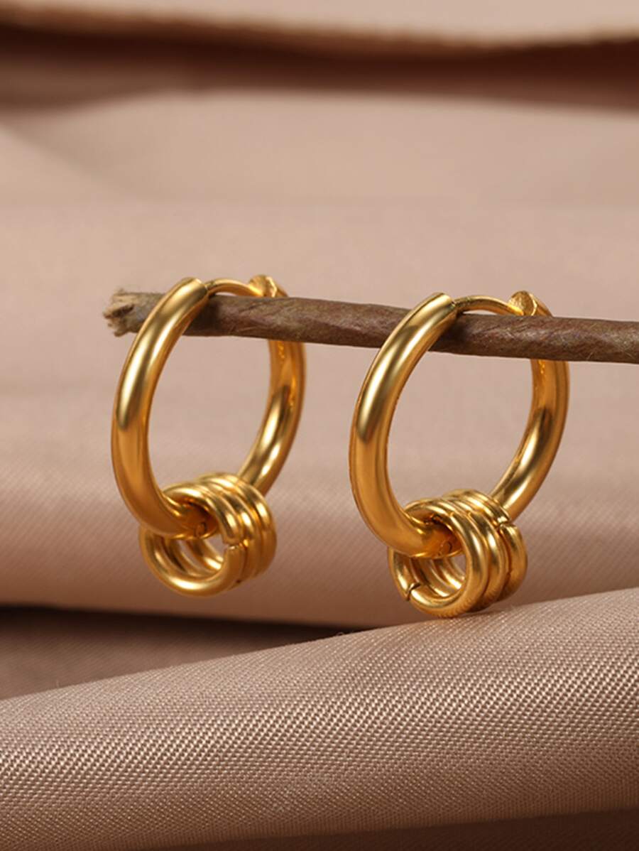 1pair Stainless Steel Simple Round Hoop Earrings - Yellow Gold - View 1