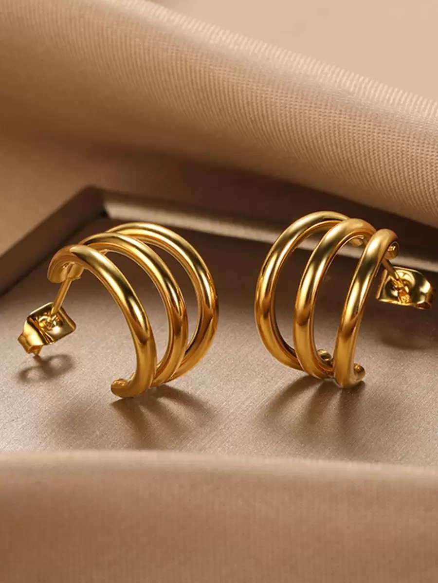 1pair Stainless Steel C-shaped Curved Line Ear Studs - Yellow Gold - View 1