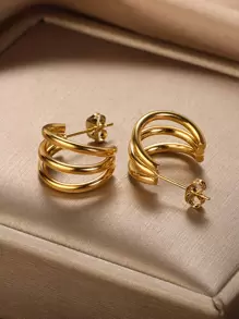 1pair Stainless Steel C-shaped Curved Line Ear Studs - Yellow Gold - View 2