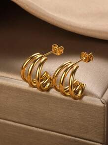 1pair Stainless Steel C-shaped Curved Line Ear Studs - Yellow Gold - View 3