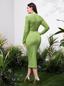 Mulvari Tie Front Solid Bodycon Dress - Green - View 2