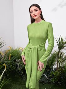 Mulvari Tie Front Solid Bodycon Dress - Green - View 5