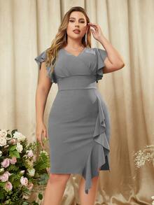 MIUSOL Đầm Plus Size Xù Trọn gói màu trơn Thanh lịch - Xám - Xem 4