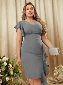 MIUSOL Đầm Plus Size Xù Trọn gói màu trơn Thanh lịch - Xám - Xem 5