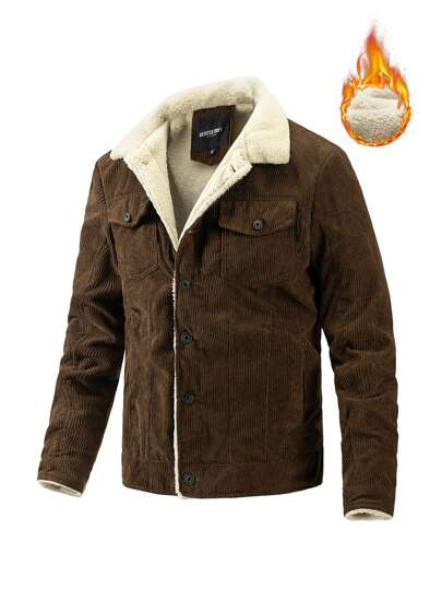 Men's Corduroy Jacket With Thermal Lining, Simple Vintage Multi-Pocket Coat