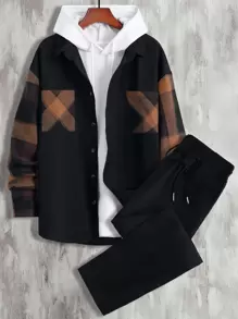 Manfinity Homme 男款格紋撞色口袋下肩襯衫和束口褲,無兜帽版 - 黑色 - 查看 1