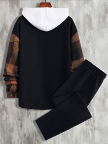 Manfinity Homme 男款格紋撞色口袋下肩襯衫和束口褲,無兜帽版 - 黑色 - 查看 2