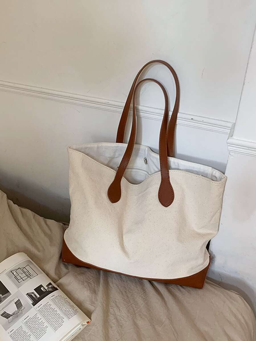 Bolso tote de hombro de dos tonos con botón - Beis - Ver 1