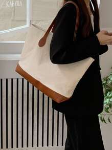 Bolso tote de hombro de dos tonos con botón - Beis - Ver 5