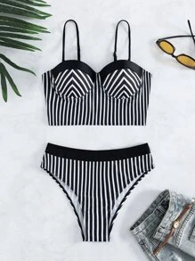 Conjunto de bikini con push up a rayas, verano playa - Blanco y Negro - Ver 1