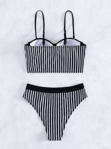 Conjunto de bikini con push up a rayas, verano playa - Blanco y Negro - Ver 2