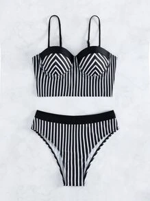 Conjunto de bikini con push up a rayas, verano playa - Blanco y Negro - Ver 5