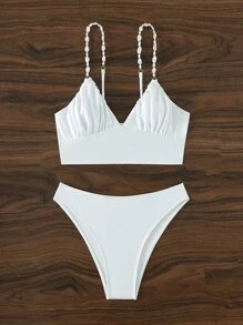 Swim Vcay 串珠吊带比基尼套装 夏日海滩 - 白色 - 查看 6