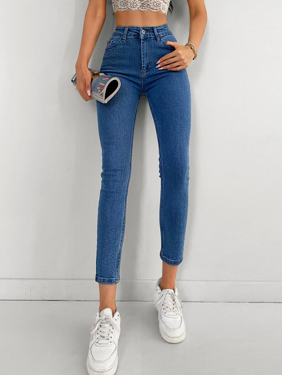 EURMUSE Solid Zipper Fly Skinny Jeans - Medium Wash - View 1