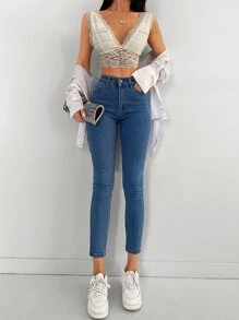 EURMUSE Solid Zipper Fly Skinny Jeans - Medium Wash - View 3
