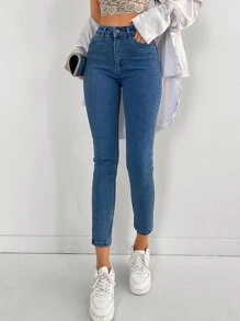 EURMUSE Solid Zipper Fly Skinny Jeans - Medium Wash - View 5