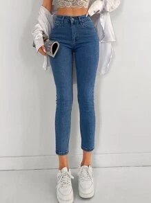 EURMUSE Solid Zipper Fly Skinny Jeans - Medium Wash - View 6