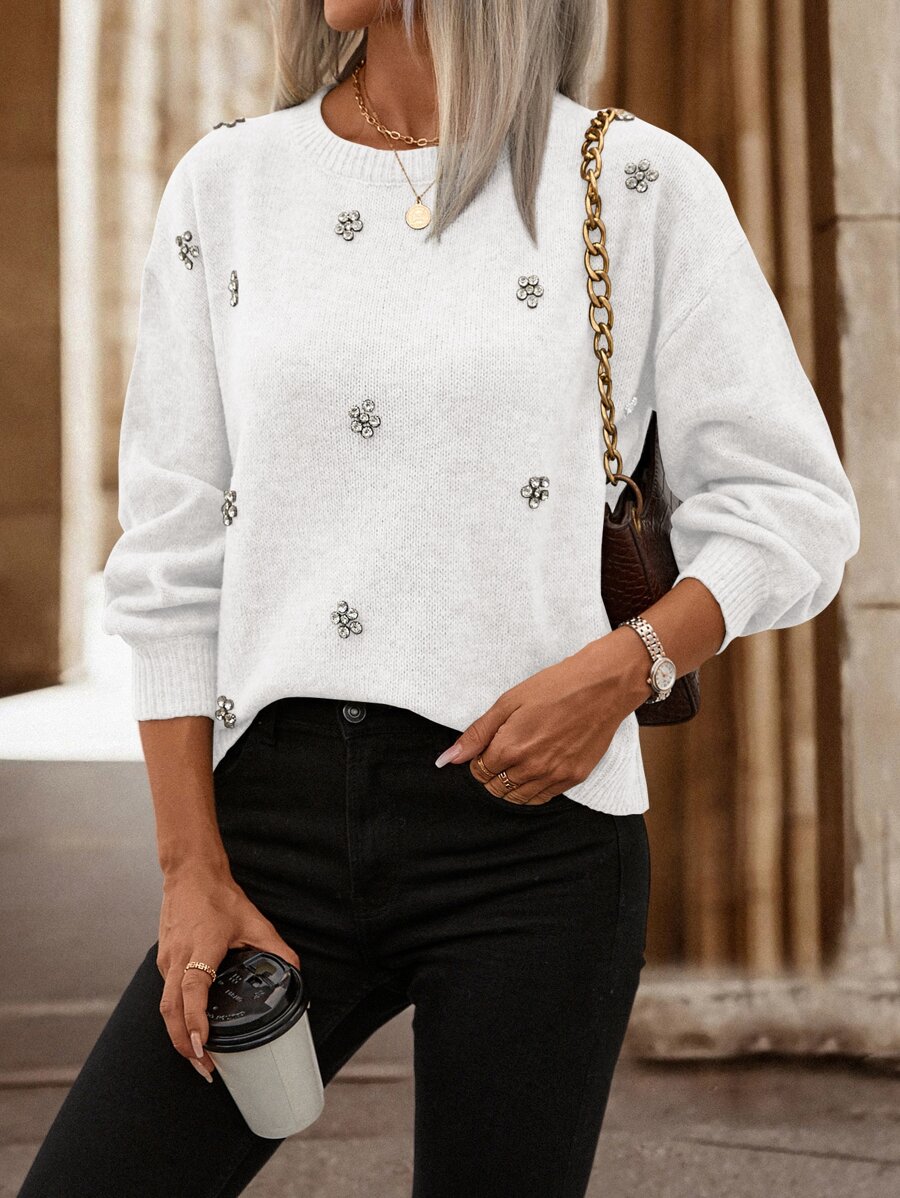 SHEIN LUNE Rhinestone Detail Drop Shoulder Jumper - White - View 1