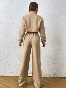 SHEIN Unity 字母刺繡圖案拉鏈開襟短款運動衫和闊腿衛褲 - 卡其色 - 查看 2