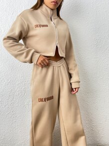 SHEIN Unity 字母刺繡圖案拉鏈開襟短款運動衫和闊腿衛褲 - 卡其色 - 查看 5