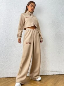 SHEIN Unity 字母刺繡圖案拉鏈開襟短款運動衫和闊腿衛褲 - 卡其色 - 查看 6