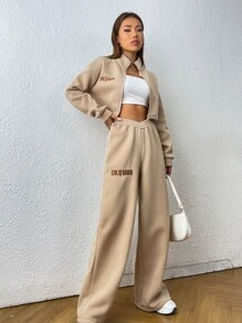 SHEIN Unity 字母刺繡圖案拉鏈開襟短款運動衫和闊腿衛褲 - 卡其色 - 查看 7