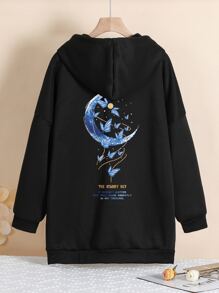 SHEIN EZwear Plus Moon & Slogan Graphic Drop Shoulder Drawstring Thermal Lined Hoodie - Black - View 1