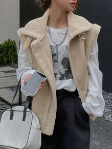 DAZY Contrast Trim Zip Up PU Vest Coat - Khaki - View 1