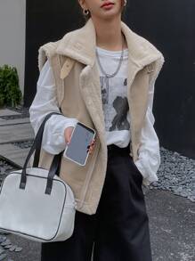 DAZY Contrast Trim Zip Up PU Vest Coat - Khaki - View 2