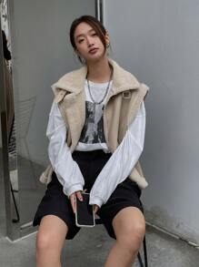 DAZY Contrast Trim Zip Up PU Vest Coat - Khaki - View 3