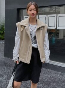 DAZY Contrast Trim Zip Up PU Vest Coat - Khaki - View 5