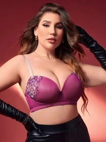 Plus Contrast Lace Underwire Bra - Purple - View 1