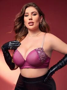 Plus Contrast Lace Underwire Bra - Purple - View 4