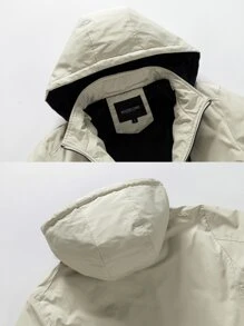 男士條紋印花抽繩連帽保暖夾克 - 米色 - 查看 5