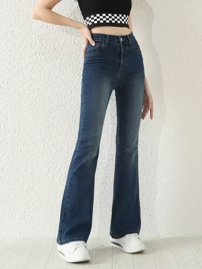 SHEIN Teenage Girls Fashionable Casual Slim Fit Washed Flare Jeans Summer Holiday