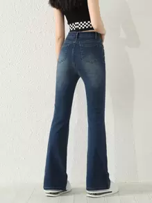 SHEIN Teenage Girls Fashionable Casual Slim Fit Washed Flare Jeans Summer Holiday - Dark Wash - View 2