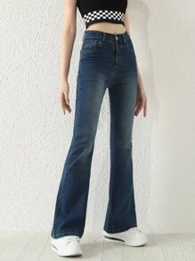 SHEIN Teenage Girls Fashionable Casual Slim Fit Washed Flare Jeans Summer Holiday - Dark Wash - View 3