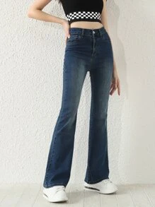 SHEIN Teenage Girls Fashionable Casual Slim Fit Washed Flare Jeans Summer Holiday - Dark Wash - View 4