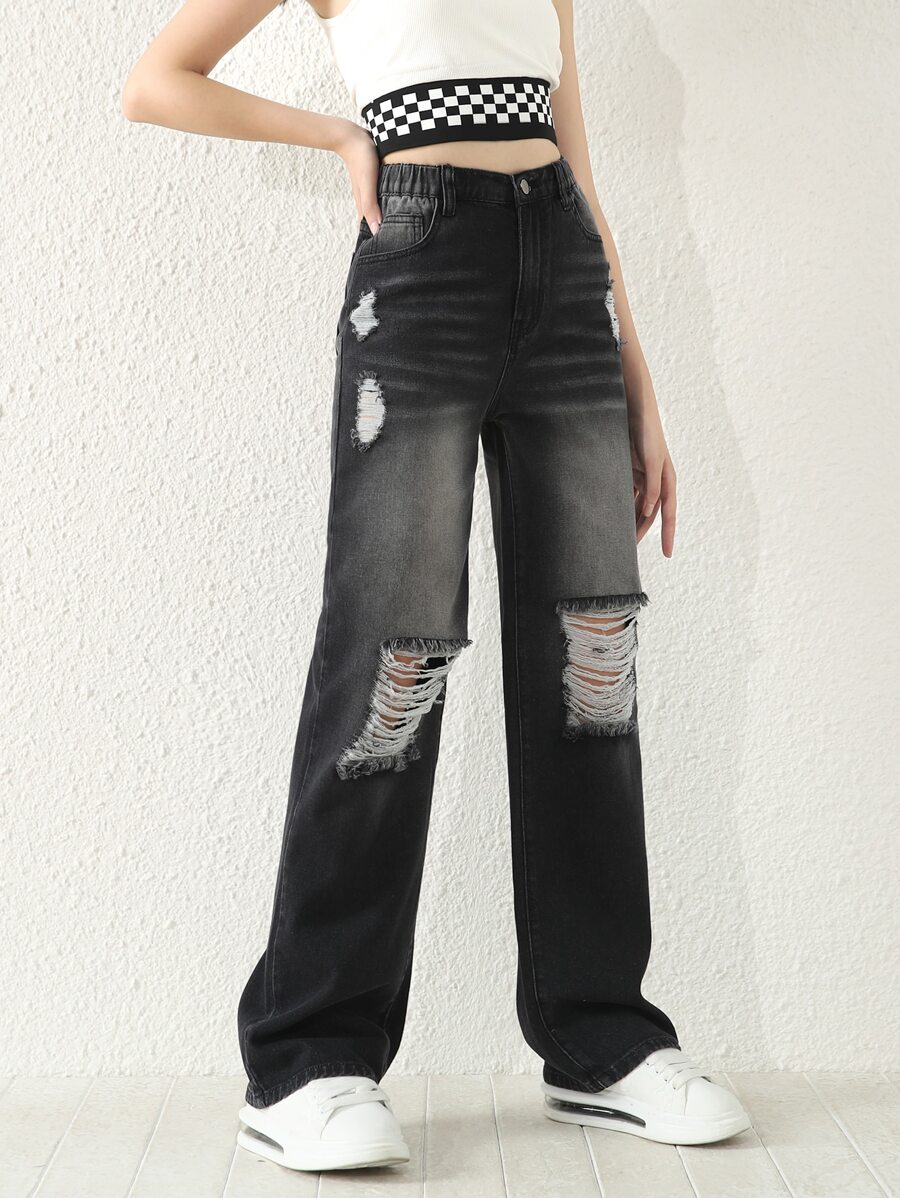 Chicas adolescentes Jeans de pierna recta desgarro - Negro - Ver 1