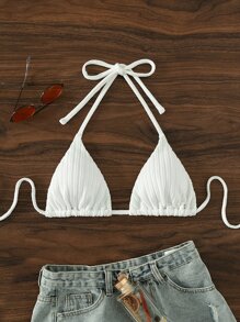 SHEIN Solid Triangle Halter Bikini Top - White - View 3