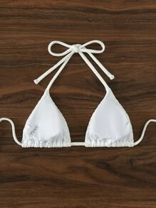SHEIN Solid Triangle Halter Bikini Top - White - View 2