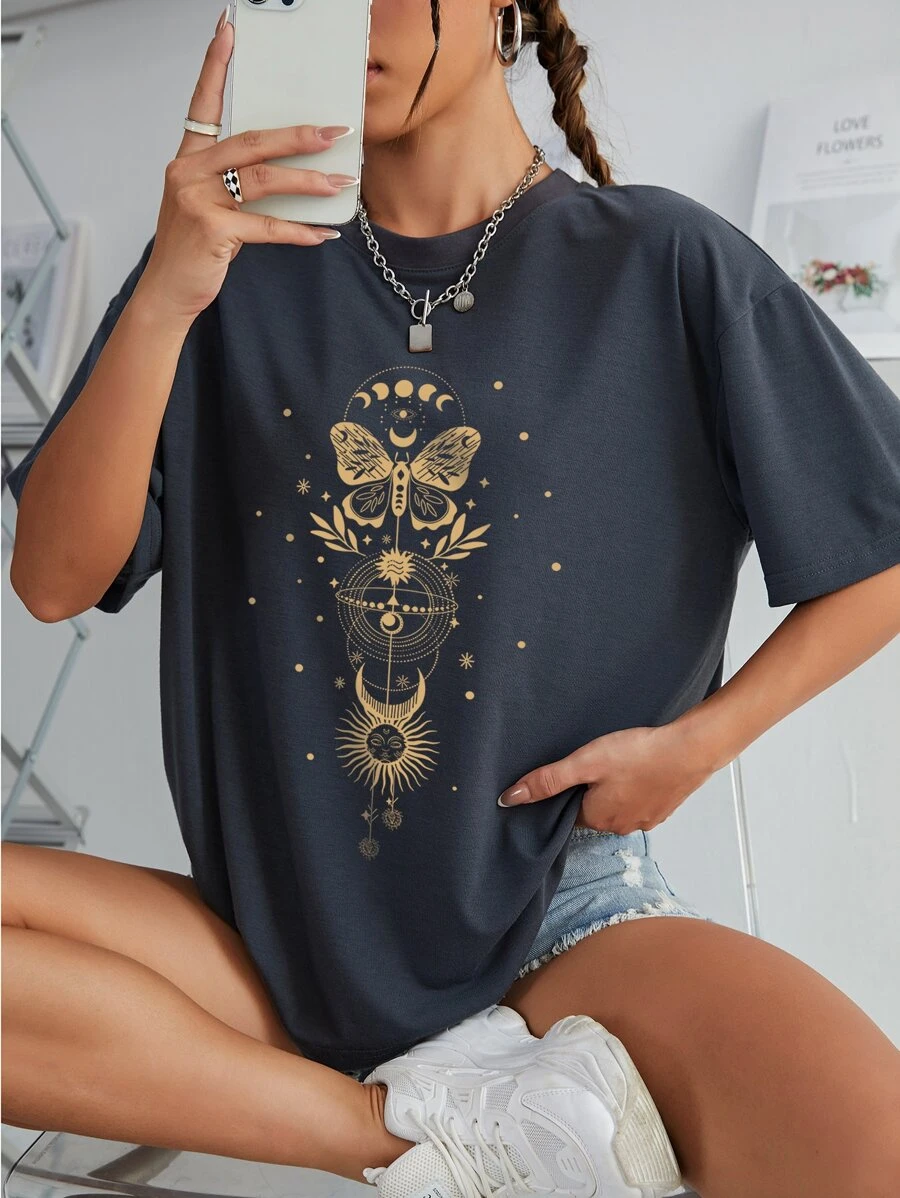 INAWLY Moon And Butterfly Print Drop Shoulder Tee Graphic Tees Women Tops - Dark Grey - View 1