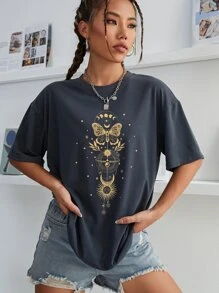 INAWLY Moon And Butterfly Print Drop Shoulder Tee Graphic Tees Women Tops - Dark Grey - View 3